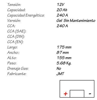 Bateria de Gel JMT Modelo YTX20-BS
