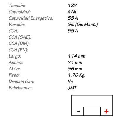 Bateria de Gel JMT Modelo YTX4L-BS
